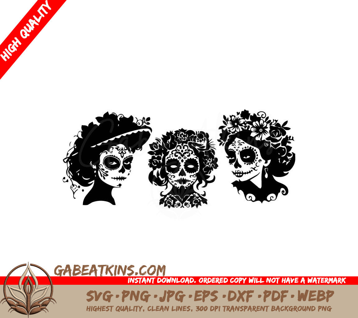 Sugar Skull & Ghost Silhouettes SVG Bundle - 3 Floral Sugar Skulls + Ghost SVG