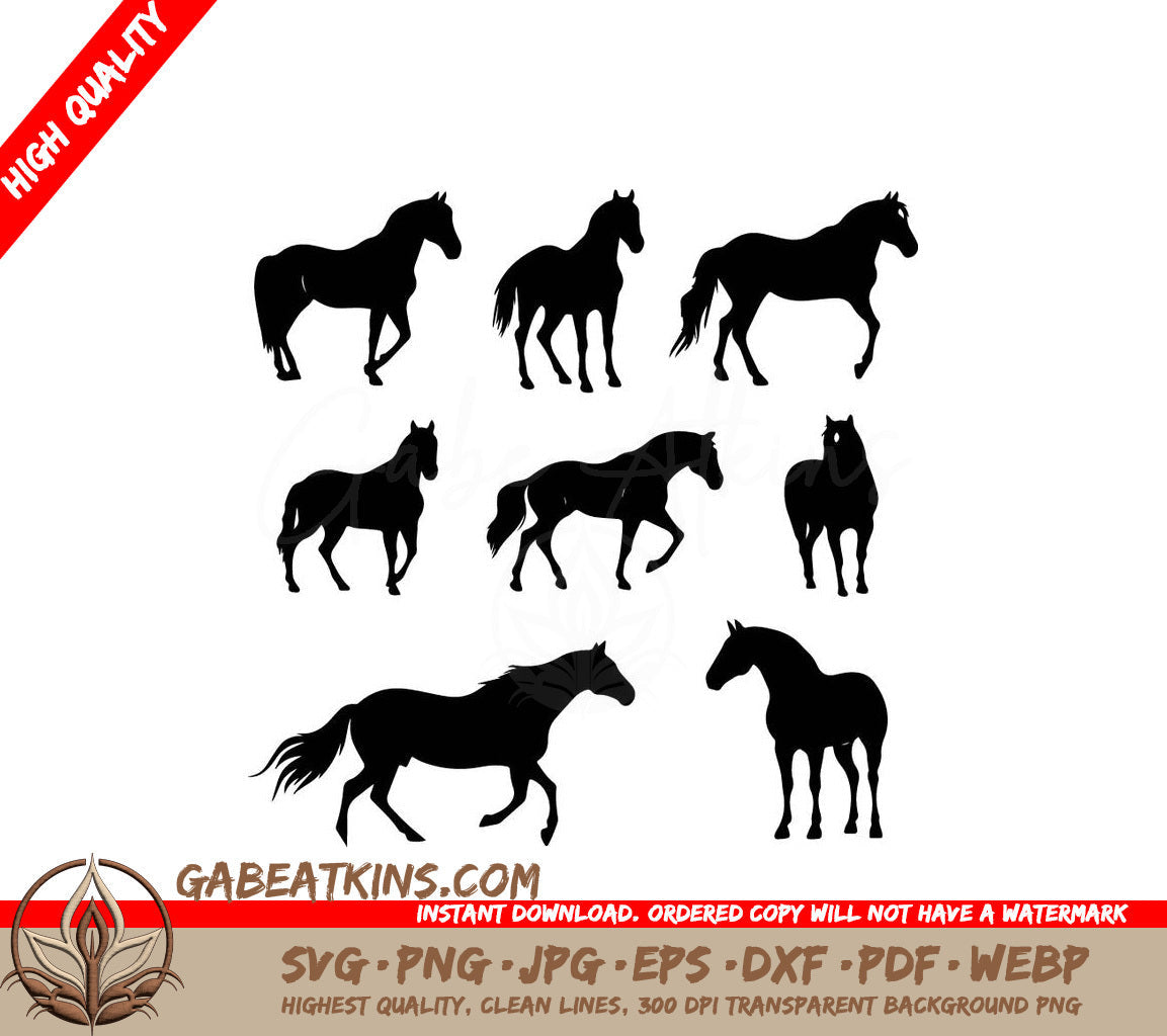 Silhouettes Of Horses In Different Poses On A White Background SVG - A black silhouette Horse set SVG