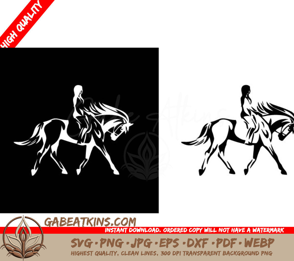 A Woman Is Riding A Horse On A Black And White Background . SVG - A girl on a horse SVG