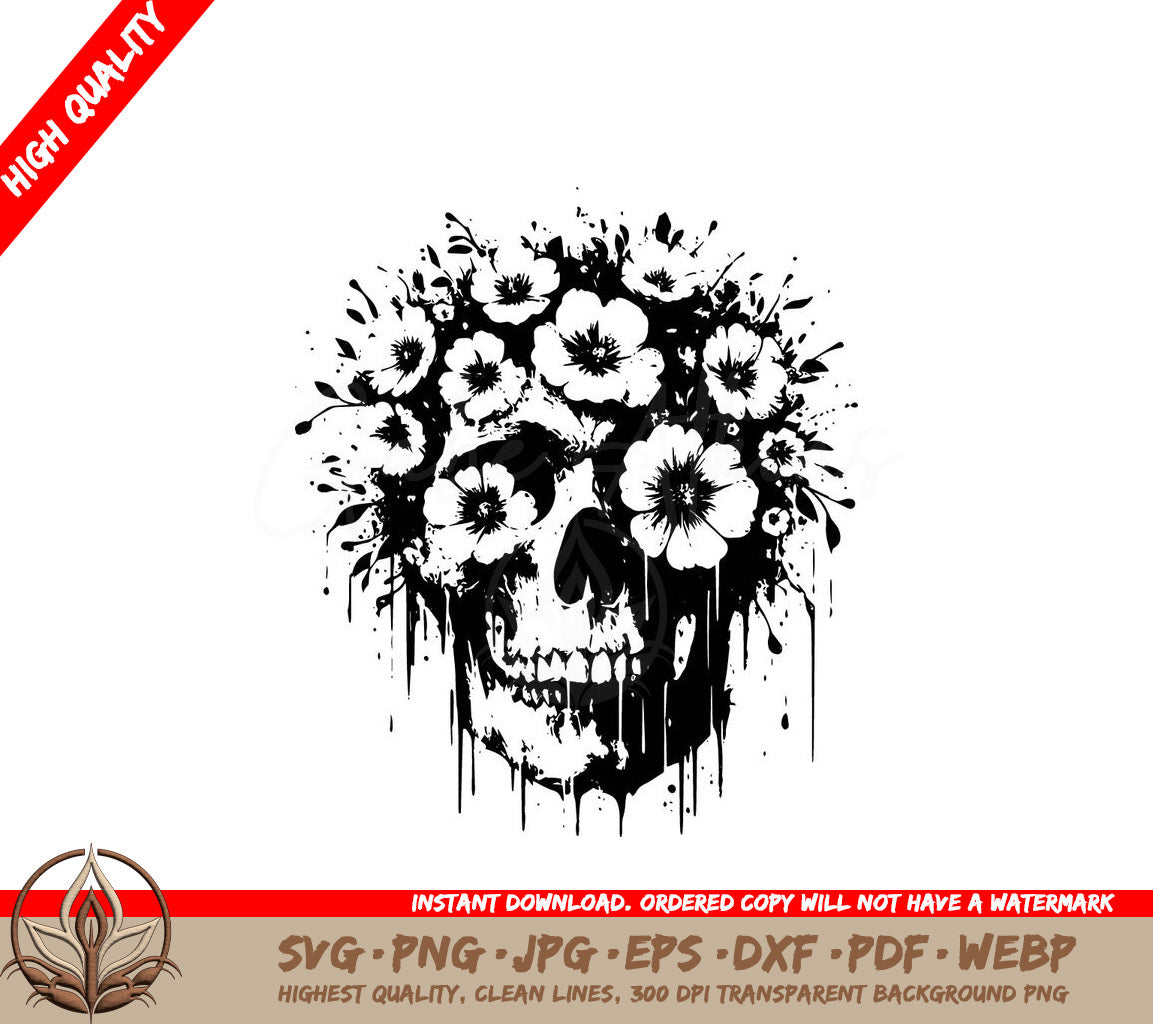 A Black And White Drawing Of A Skull Surrounded By White Flowers