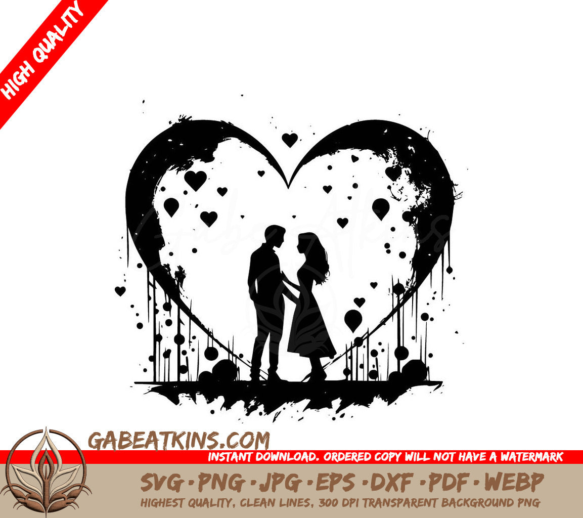 A Silhouette Of A Man And Woman Standing In Front Of A Heart SVG - Abstract Romantic Couple SVG