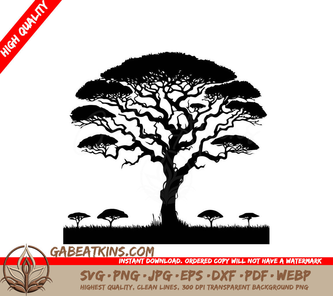 Acacia Tree Silhouette SVG - Single Tree with Background Forest SVG