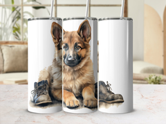 German Shepherd Puppy 20oz Tumbler Wrap Sublimation PNG | Featuring a German Shepherd Puppy and Hiking Boots