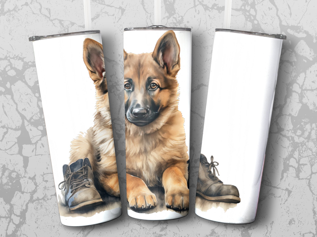 German Shepherd Puppy 20oz Tumbler Wrap Sublimation PNG | Featuring a German Shepherd Puppy and Hiking Boots