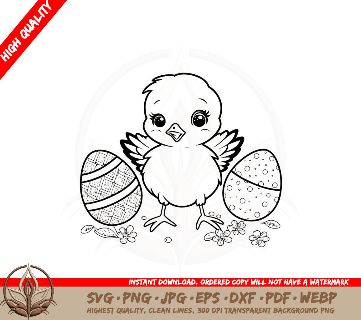 Adorable Chick with Easter Eggs SVG PNG JPG AI PDF DXF EPS and WebP Digital Cut File 