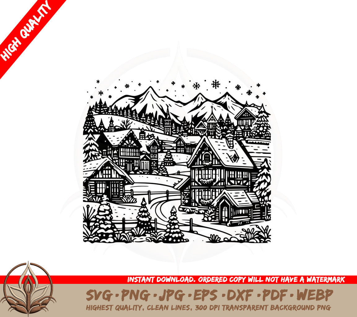 Alpine Wintertime Village SVG Cut File Design 