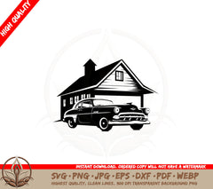 Antique Car in Driveway SVG PNG JPG AI PDF DXF EPS  WebP Cut File 