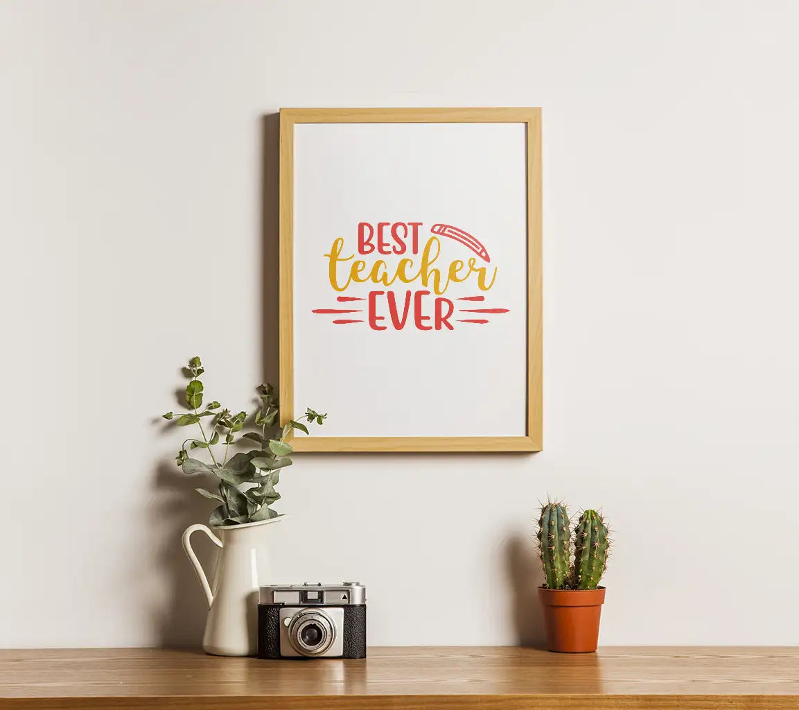 Best Teacher Ever SVG Cut File - Yellow & Red Sign with Pencil SVG