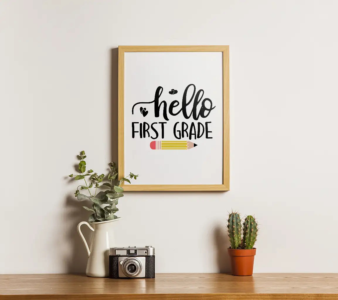 Hello First Grade SVG - Back to School Sign with Pencil & Hearts SVG