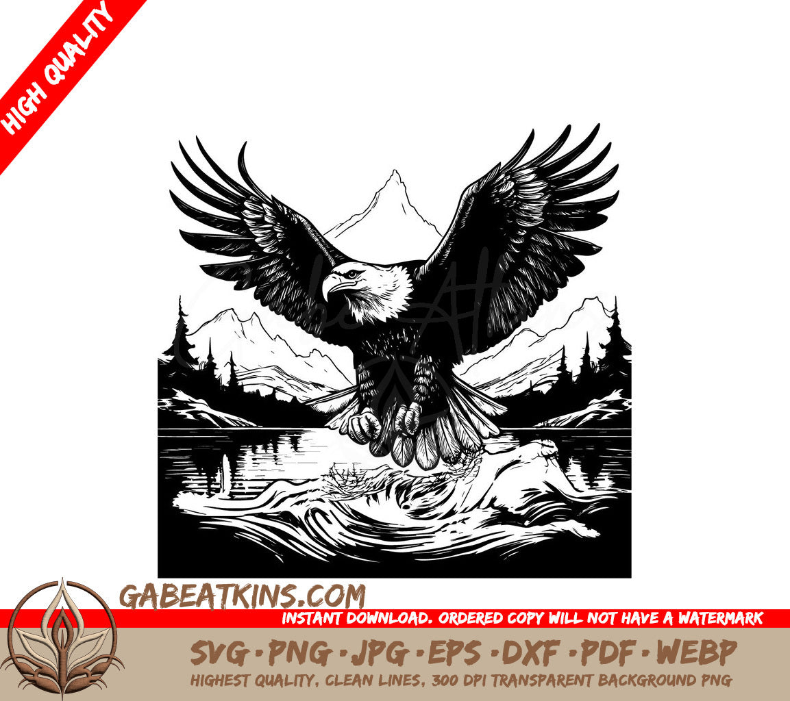  Eagle Soaring Over Lake SVG - Tranquil Water Reflection Design SVG