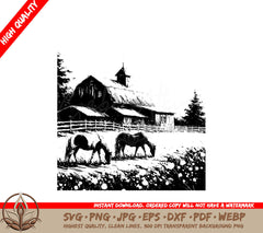 Barn Horse Grazing SVG, PNG, JPG, AI, PDF, DXF, EPS and WebP Digital Download 
