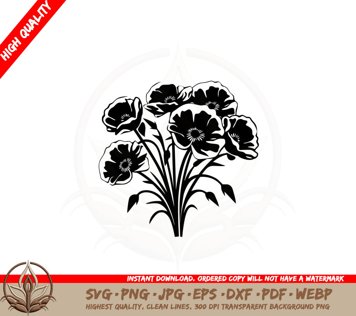 Beautiful Poppy Flowers SVG PNG JPG AI PDF DXF EPS and WebP Digital Download 