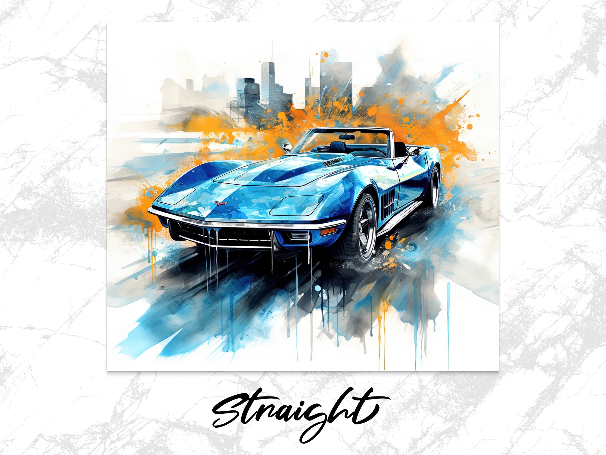 Blue Convertible Corvette Cityscape Watercolor Tumbler Wrap | 20oz Tumbler Wrap Sublimation Design PNG - Gabe Atkins Designs