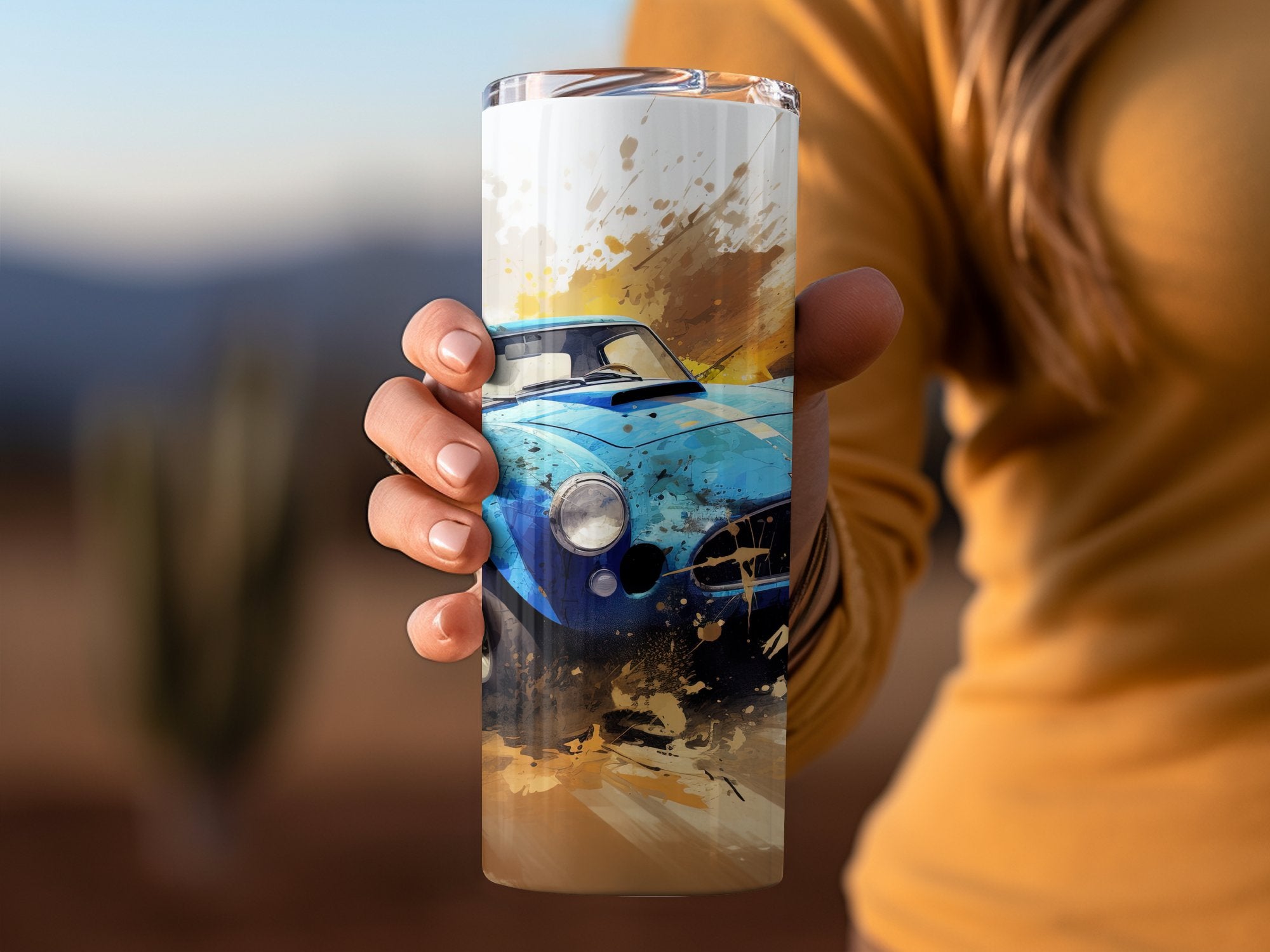 Blue Sports Car Watercolor Splash Tumbler Wrap | 20oz Tumbler Wrap Sublimation Design PNG - Gabe Atkins Designs