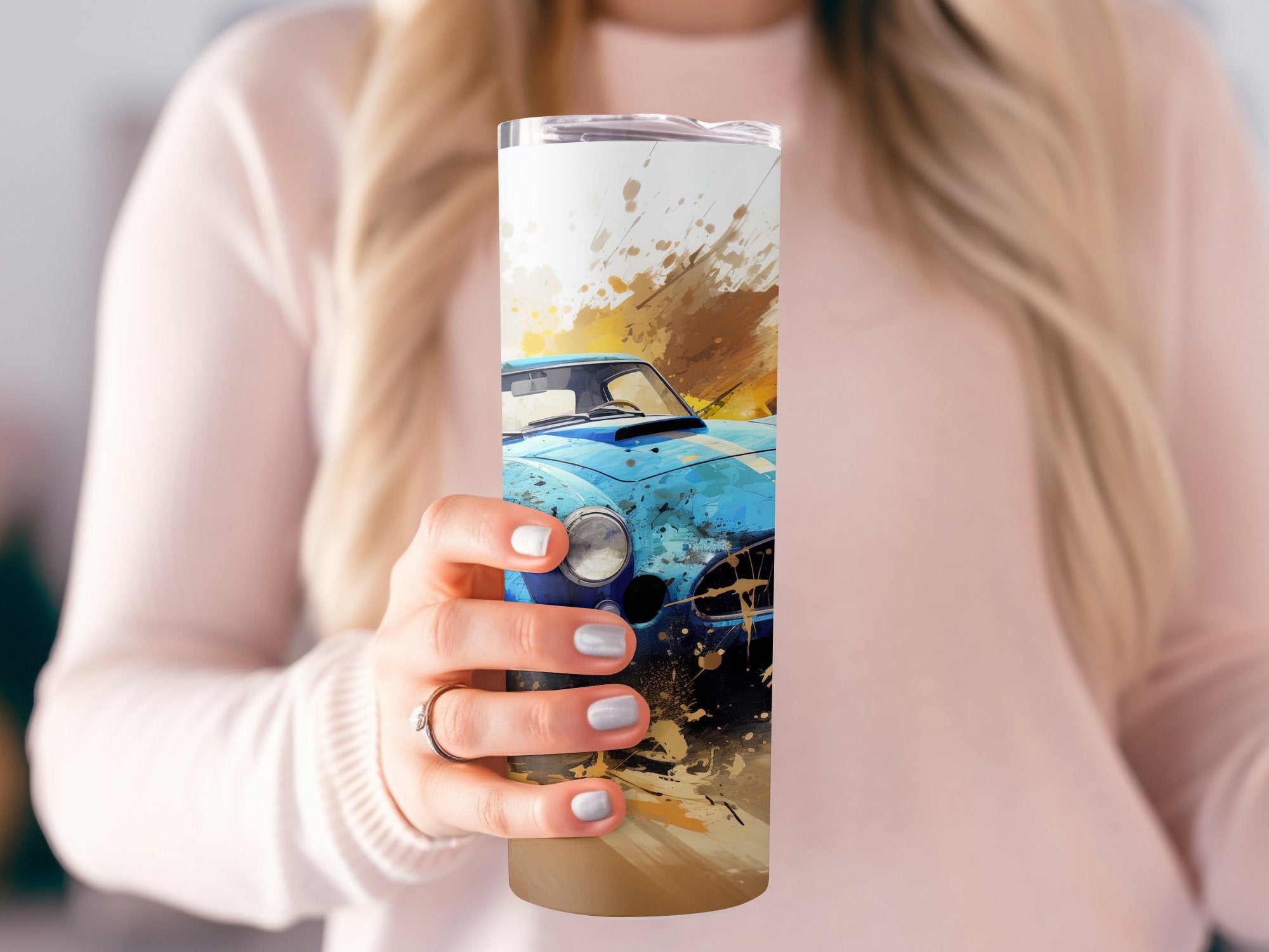 Blue Sports Car Watercolor Splash Tumbler Wrap | 20oz Tumbler Wrap Sublimation Design PNG - Gabe Atkins Designs