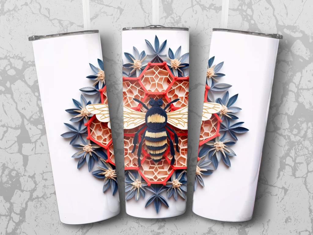 Blue and Red 3d intricate bee on Honeycomb 20 oz Skinny Tumbler Wrap S | Honeycomb 20 oz Skinny Tumbler Wrap Sublimation Design, Seamless, Straight