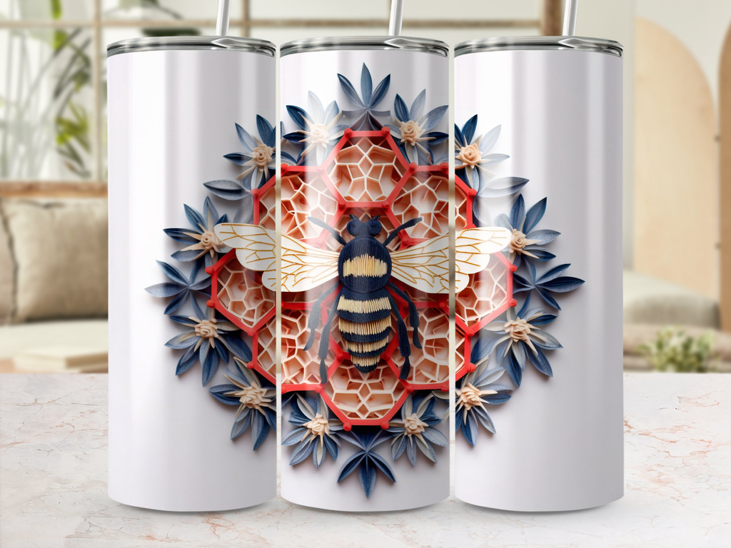 Blue and Red 3d intricate bee on Honeycomb 20 oz Skinny Tumbler Wrap S | Honeycomb 20 oz Skinny Tumbler Wrap Sublimation Design, Seamless, Straight