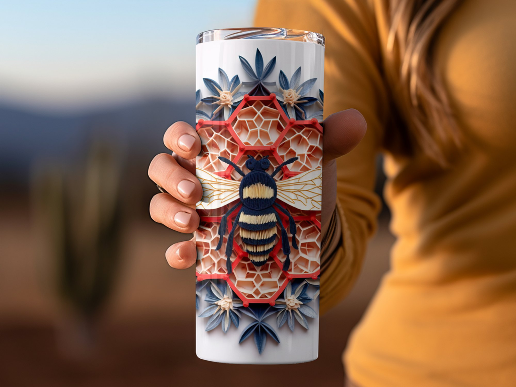 Blue and Red 3d intricate bee on Honeycomb 20 oz Skinny Tumbler Wrap S | Honeycomb 20 oz Skinny Tumbler Wrap Sublimation Design, Seamless, Straight