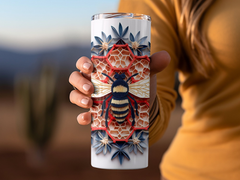 Blue and Red 3d intricate bee on Honeycomb 20 oz Skinny Tumbler Wrap S | Honeycomb 20 oz Skinny Tumbler Wrap Sublimation Design, Seamless, Straight