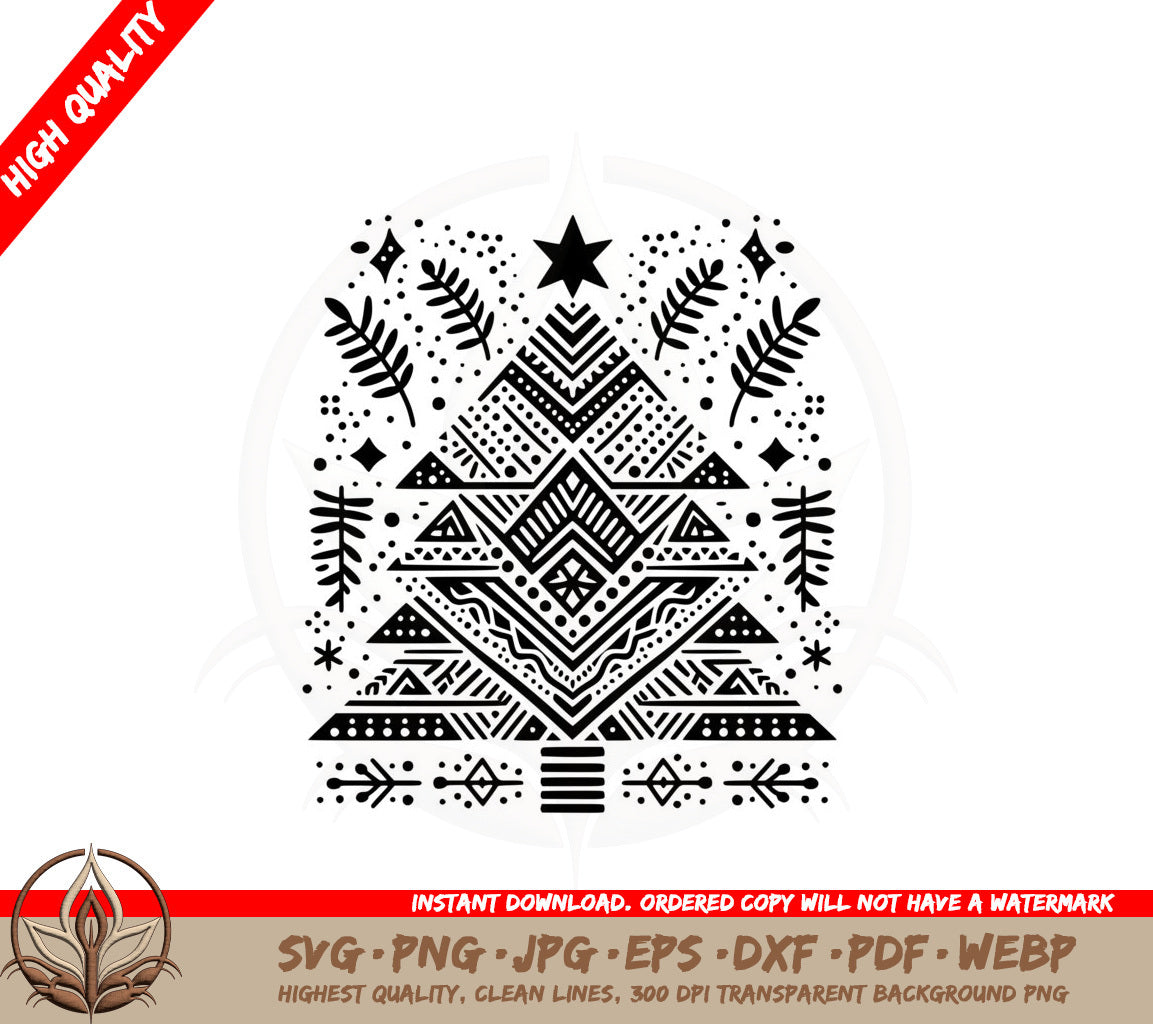 A Black And White Christmas Tree With A Star On Top SVG - Bohemian Christmas Tree SVG