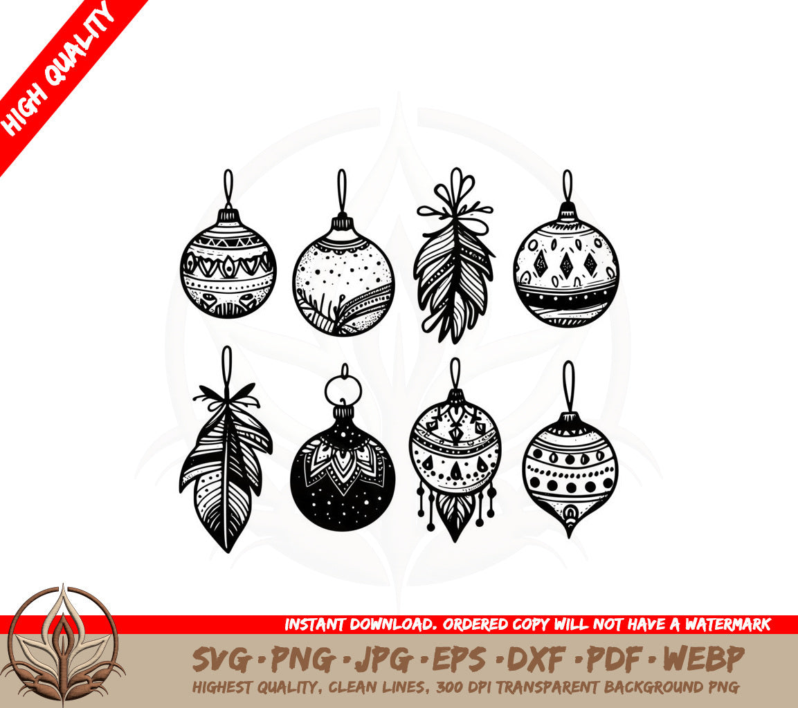 A Set Of Black And White Christmas Ornaments SVG - Boho Christmas Ornaments SVG