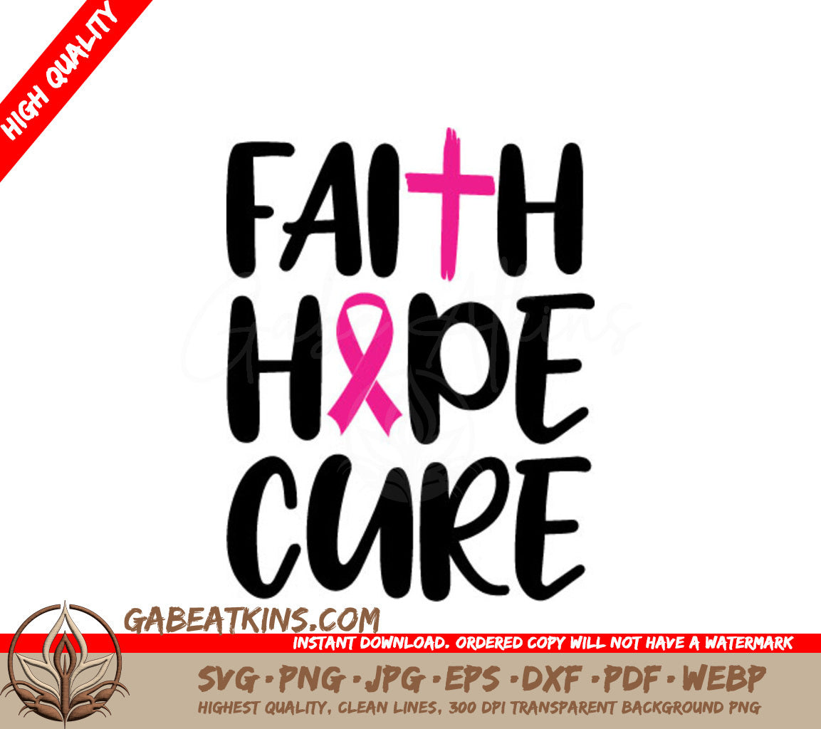 Faith, Hope, Cure Pink Ribbon Cross SVG - Breast Cancer Design SVG