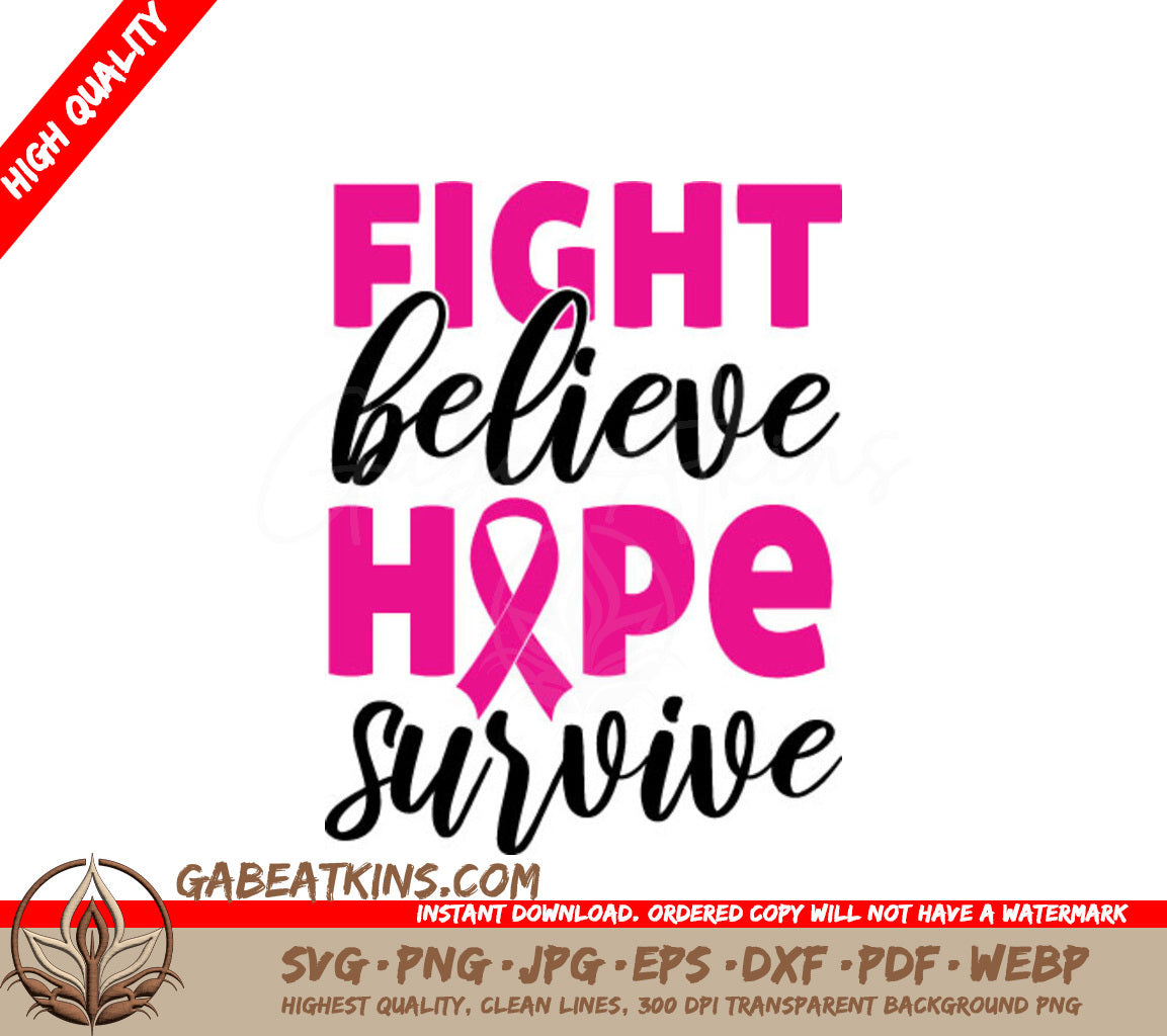 Pink Ribbon Fight Believe Hope Survive SVG Design SVG