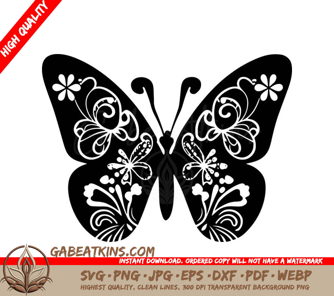 Butterfly Drawing SVG - A Black And White Butterfly With Flowers On Its Wings