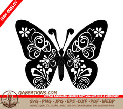 Butterfly Drawing SVG - A Black And White Butterfly With Flowers On Its Wings