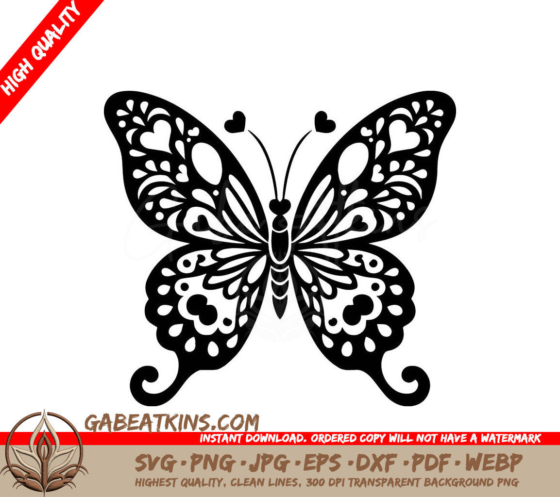 Butterfly Elegance SVG - A Black And White Butterfly With Hearts On Its Wings