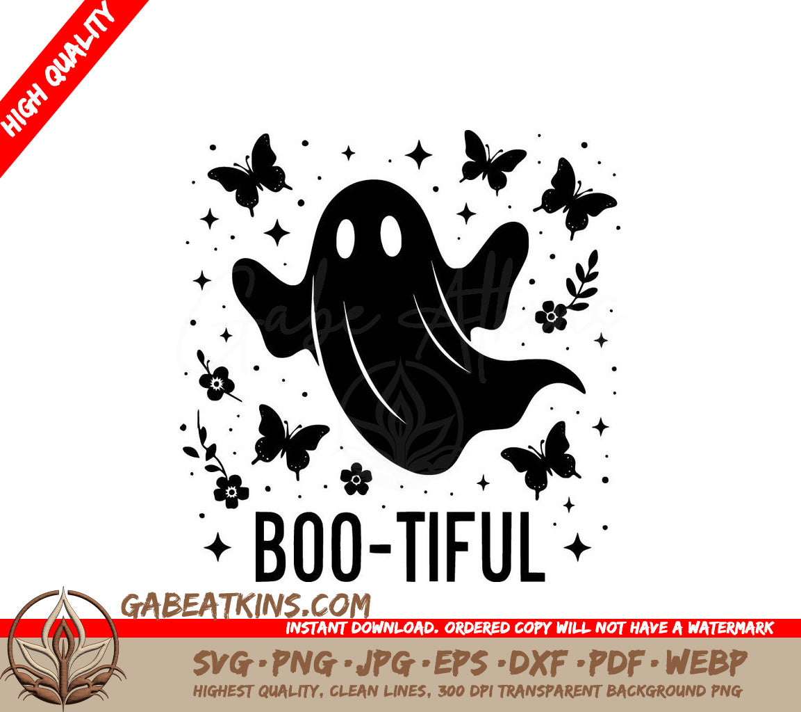 Butterfly Ghost Elegance SVG - A Ghost Is Surrounded By Butterflies And Flowers With The Words Boo-Tiful Below It