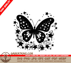 Butterfly Starlight SVG - A Black And White Butterfly Surrounded By Stars And Swirls