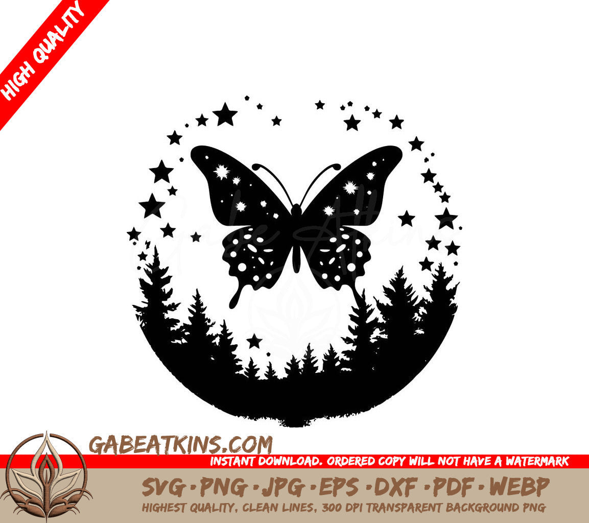 Butterfly Starlit Forest SVG - A Butterfly Is Surrounded By Trees And Stars In A Circle