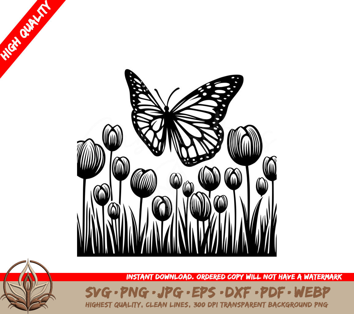 Butterfly Tulip Skies SVG -  A Butterfly In A Field Of Tulips