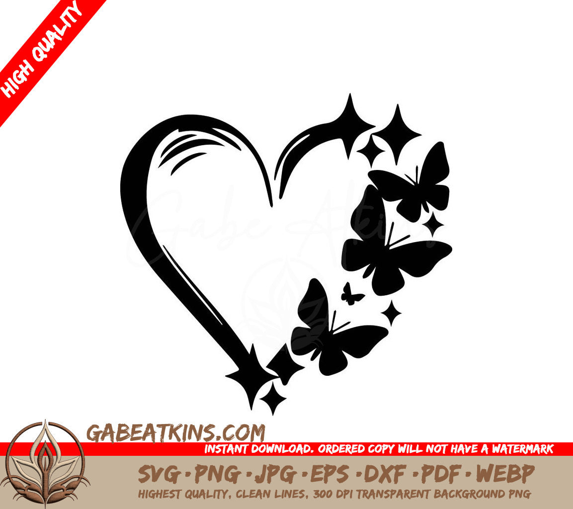 A Black And White Heart With Butterflies And Stars SVG - Butterfly Valentine SVG SVG