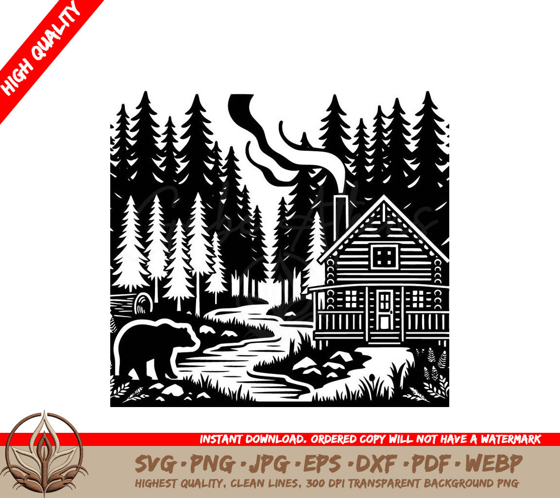 A Black And White Drawing Of A Log Cabin In The Woods