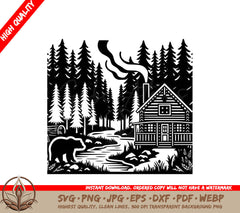 A Black And White Drawing Of A Log Cabin In The Woods