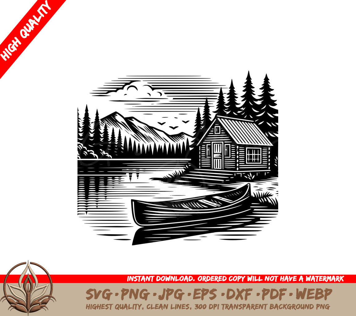 Mountain Lake Cabin SVG - Digital Product file offered in SVG, PNG, JPG, AI, PDF, DXF, EPS, and WebP formats.