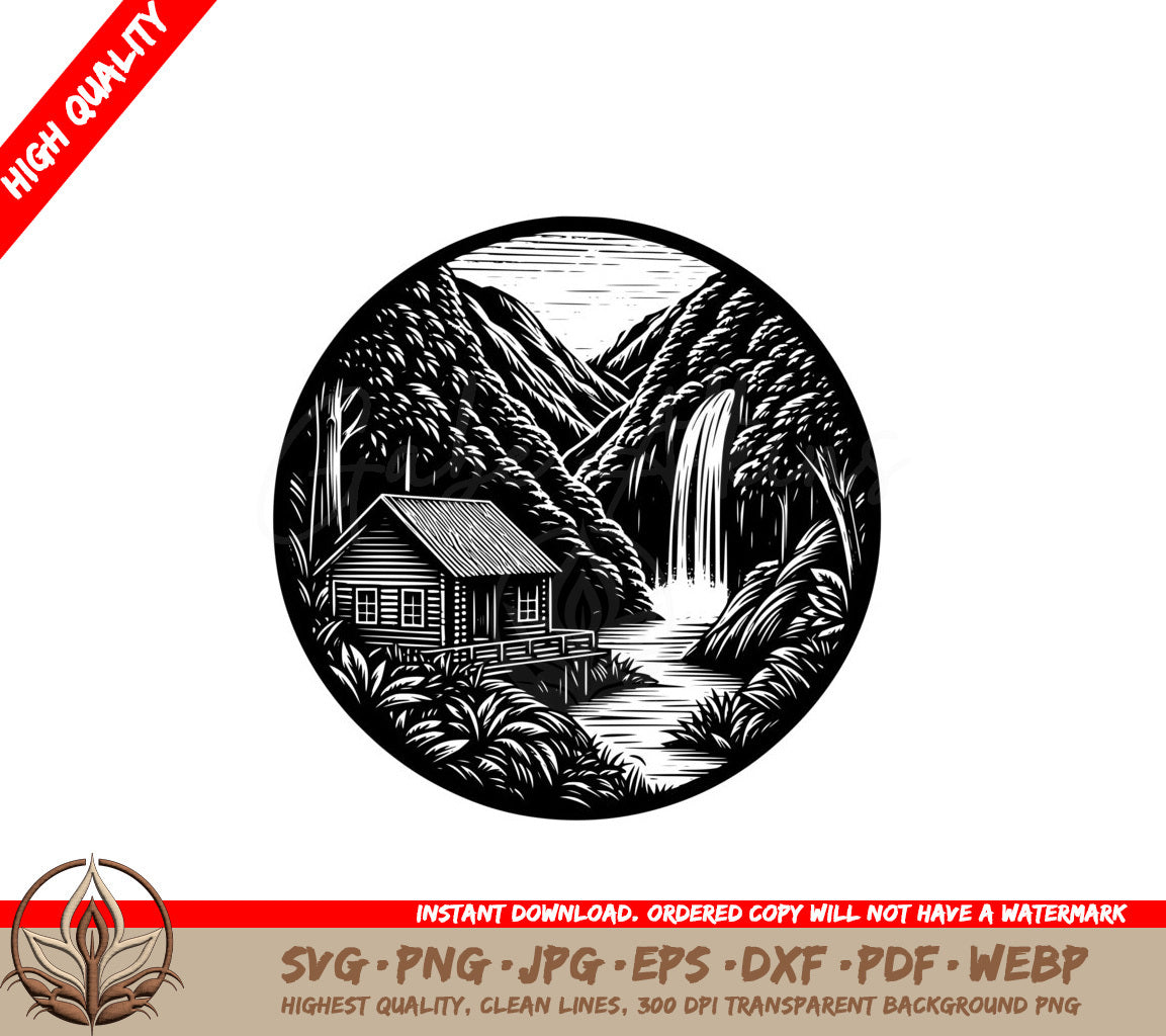 Cabin by the Waterfall SVG - Digital Product in Various Formats