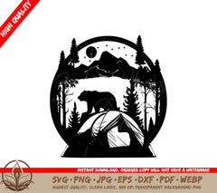 A Bear Is Sitting In A Tent In The Woods With Mountains In The Background