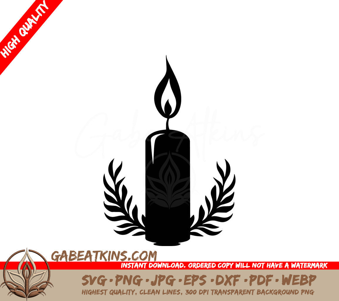 A Black Candle With A Laurel Wreath Around It SVG - Candle with Leaves SVG