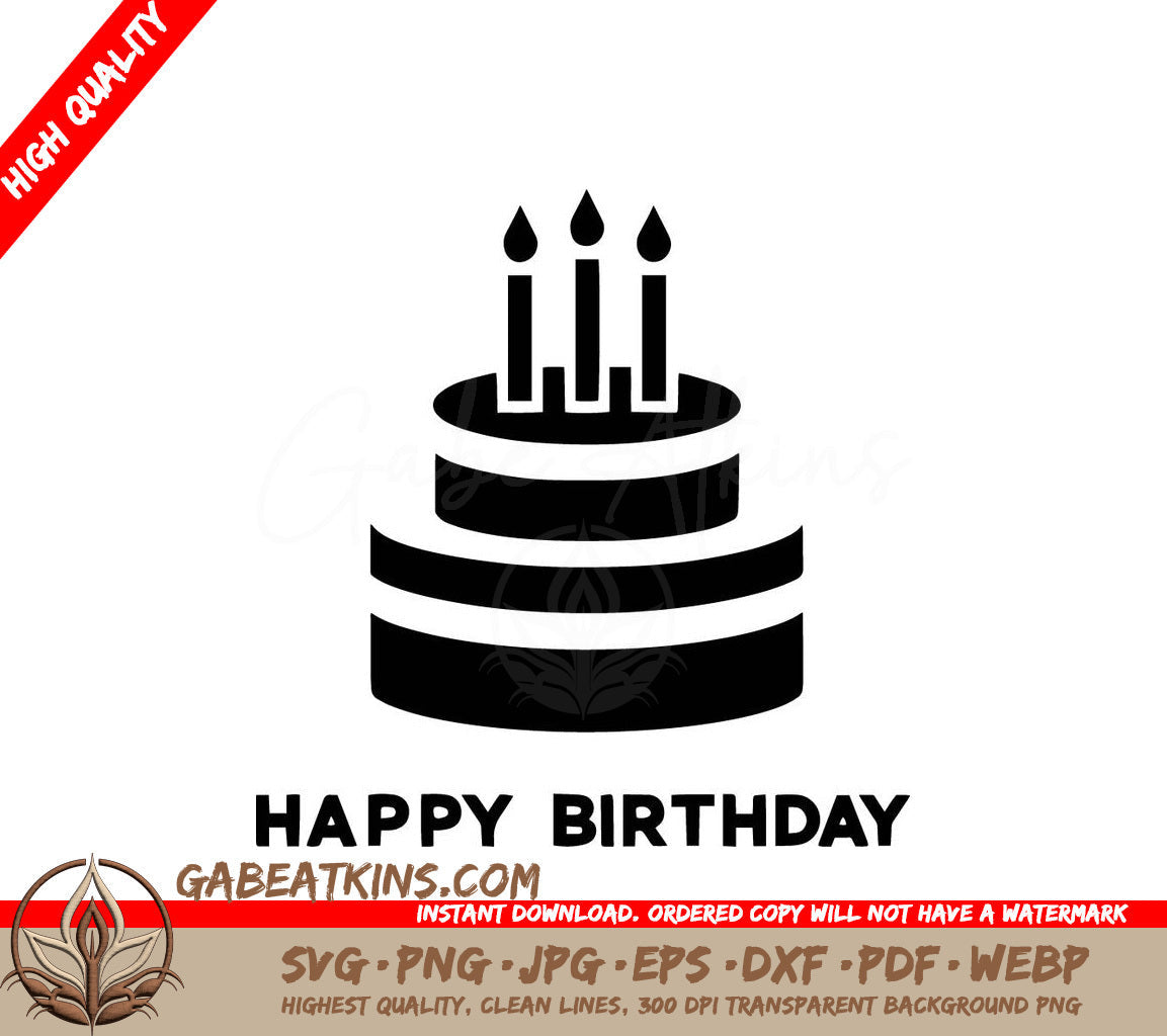 A Black And White Birthday Cake With The Words Happy Birthday Below It SVG - Candlelit Birthday SVG