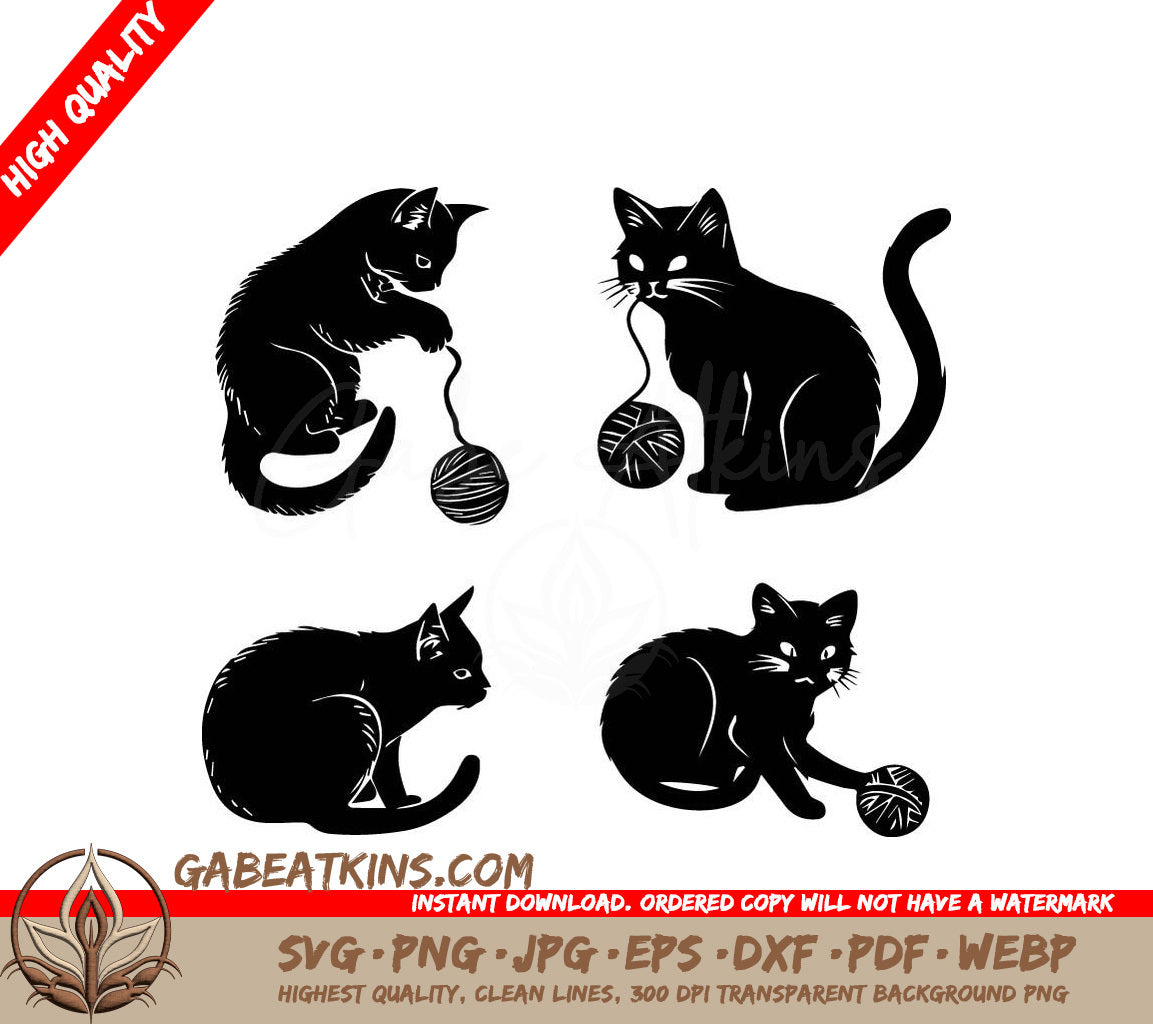 Playful Black Cats Yarn Ball SVG Design SVG