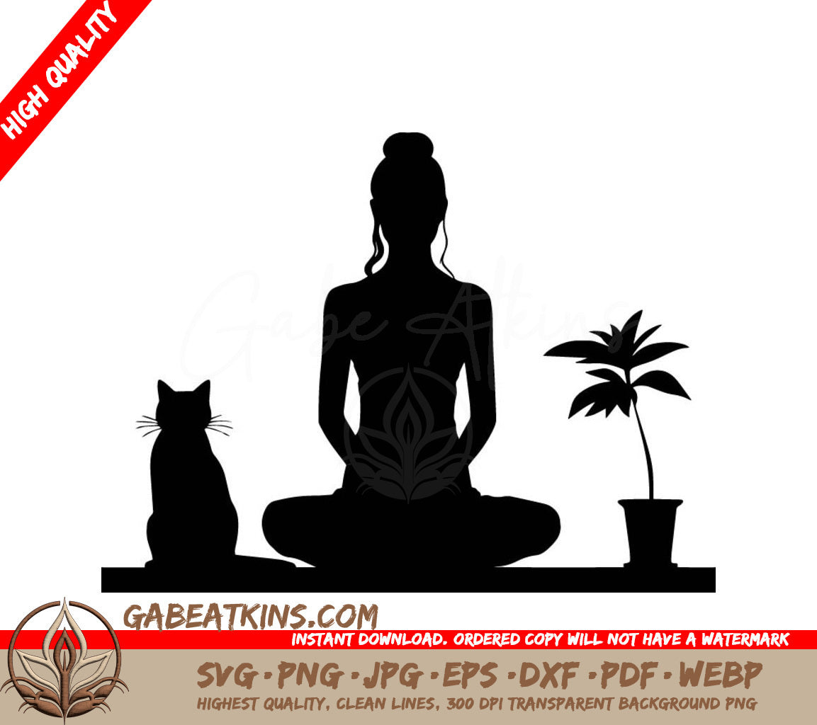 A Silhouette Of A Woman Sitting In A Lotus Position Next To A Cat And A Plant SVG - Cat Lady Yoga SVG