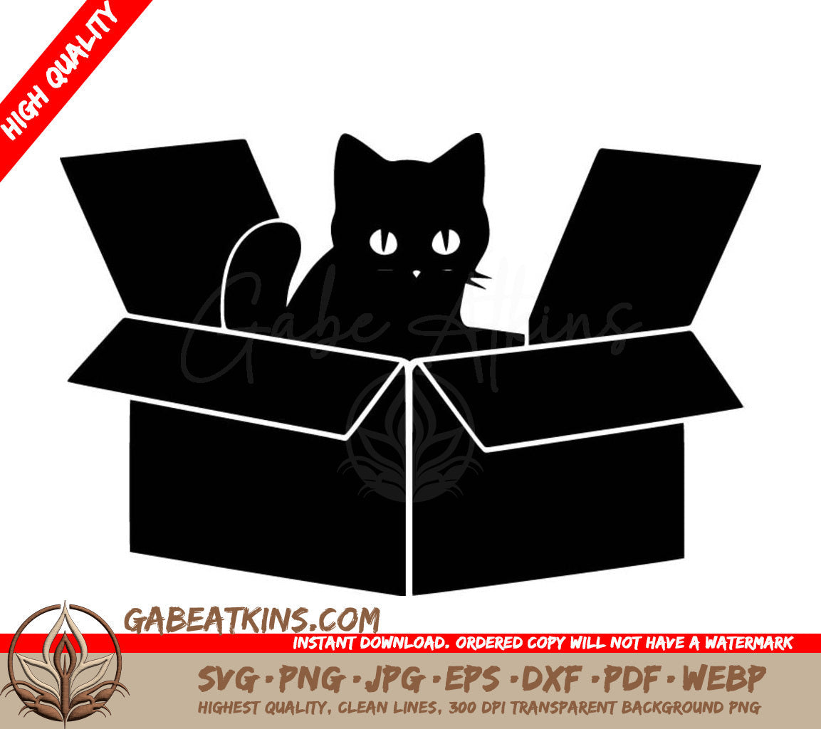 A Black Cat Is Peeking Out Of A Cardboard Box . SVG - Cat Sitting in Box SVG