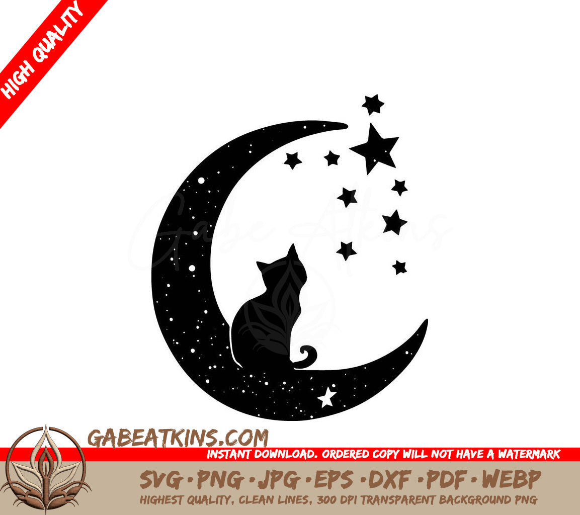  A Cat Sitting On A Crescent Moon SVG - Cat Sitting on Moon with Stars SVG