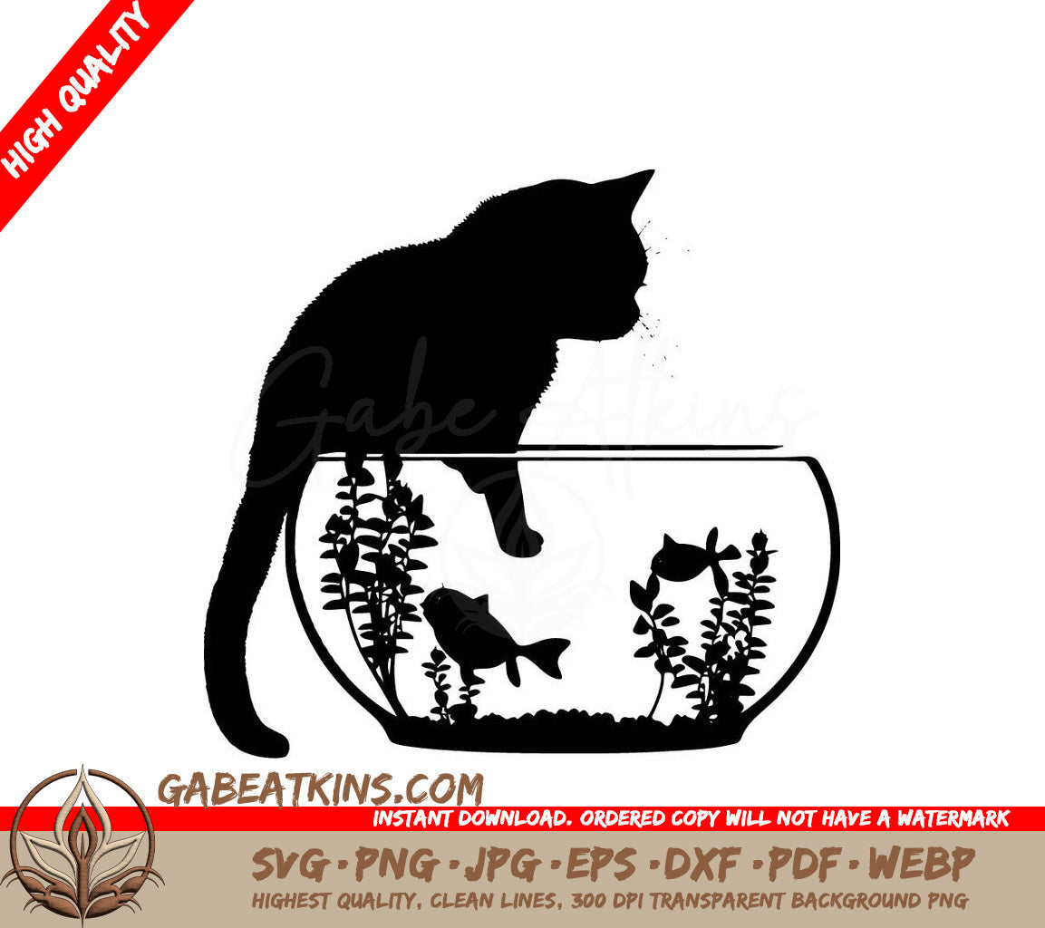 A Silhouette Of A Cat Looking At Fish In A Bowl SVG - Cat With Paw In Aquarium SVG