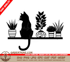 A Black Cat Is Sitting On A Shelf With Potted Plants SVG - Cat on Shelf with Plants SVG