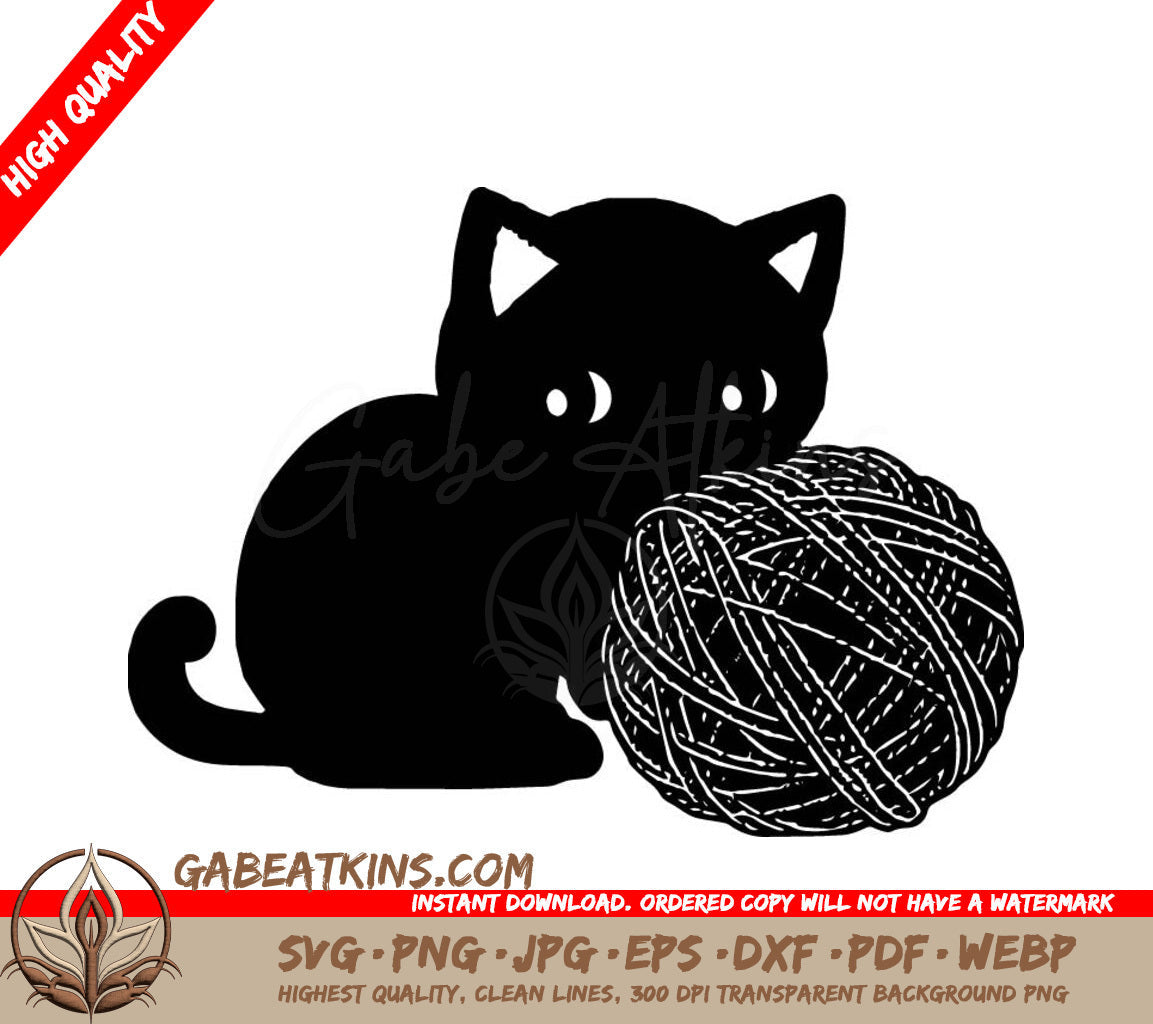 A Black Cat Is Sitting Next To A Ball Of Yarn SVG - Cat with Ball of Yarn SVG