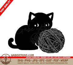 A Black Cat Is Sitting Next To A Ball Of Yarn SVG - Cat with Ball of Yarn SVG